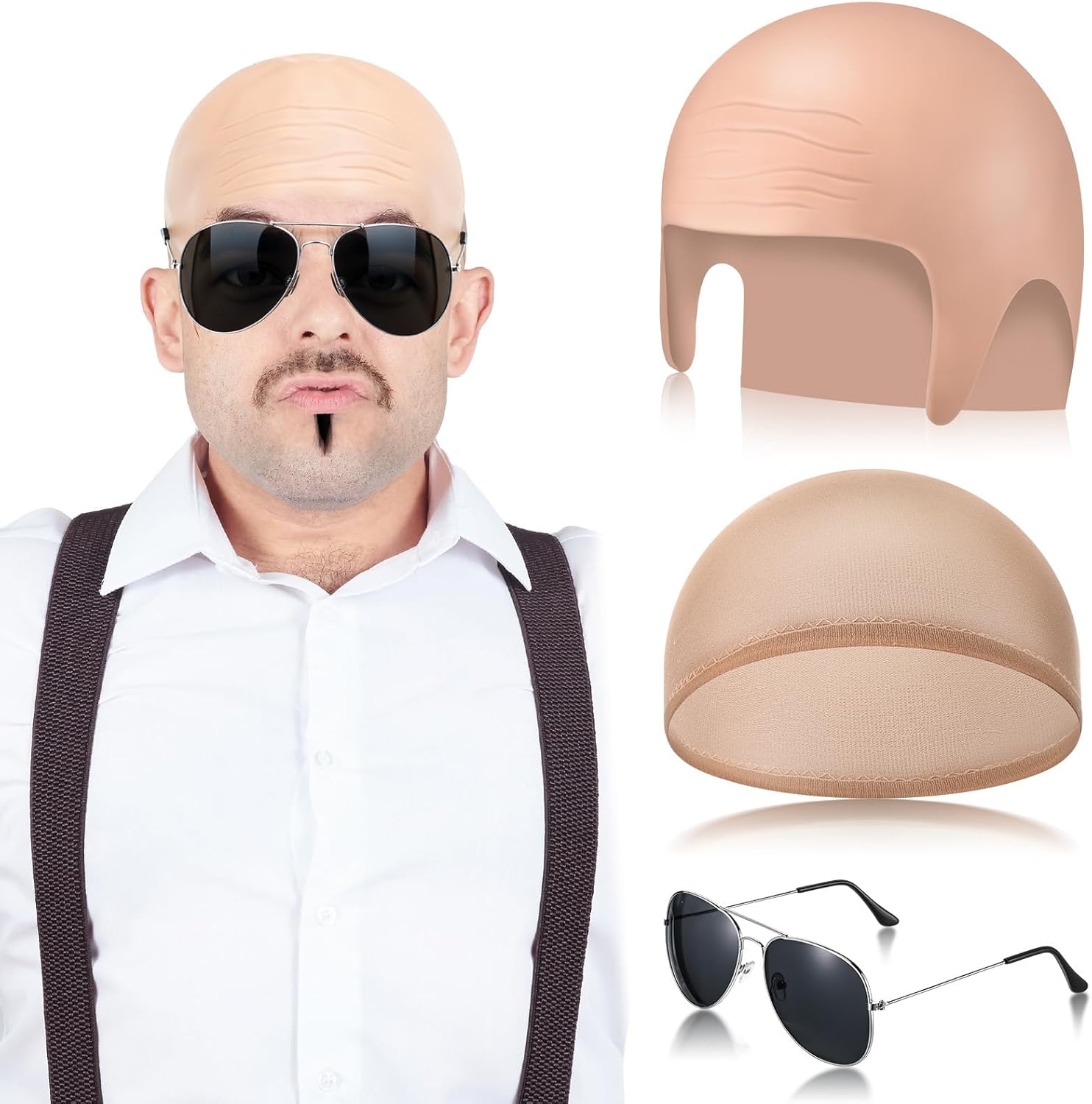 Mepase bald cap and black glasses costume set front view