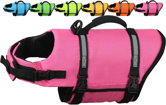 AMZNOVA Rip Stop Dog Life Jacket front view showing bright pink fabric and secure chest straps.