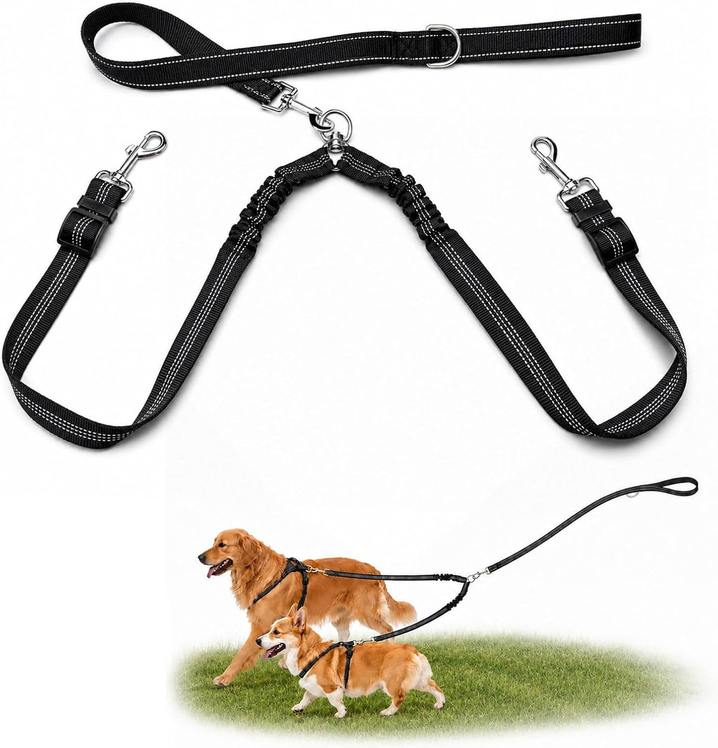 PUEENOD double dog leash front view showing the padded handle and black heavy duty nylon construction.