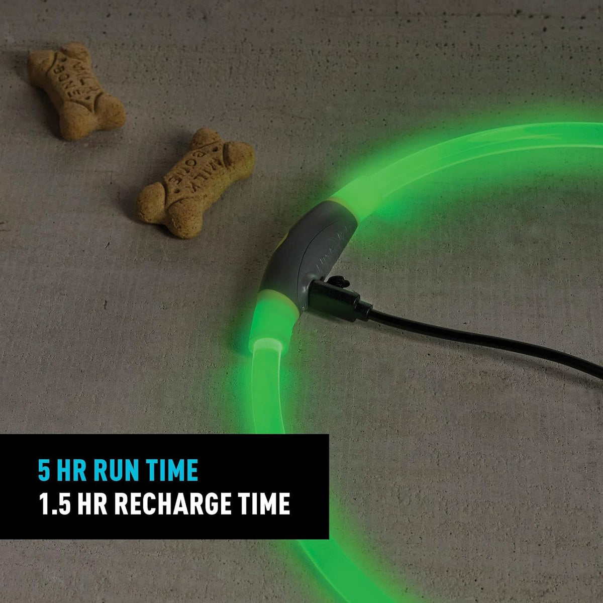 Nite Ize NiteHowl green safety necklace illuminating in a dark setting for nighttime walking gear