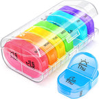 AUVON weekly pill organizer front view showing rainbow colored daily cases.