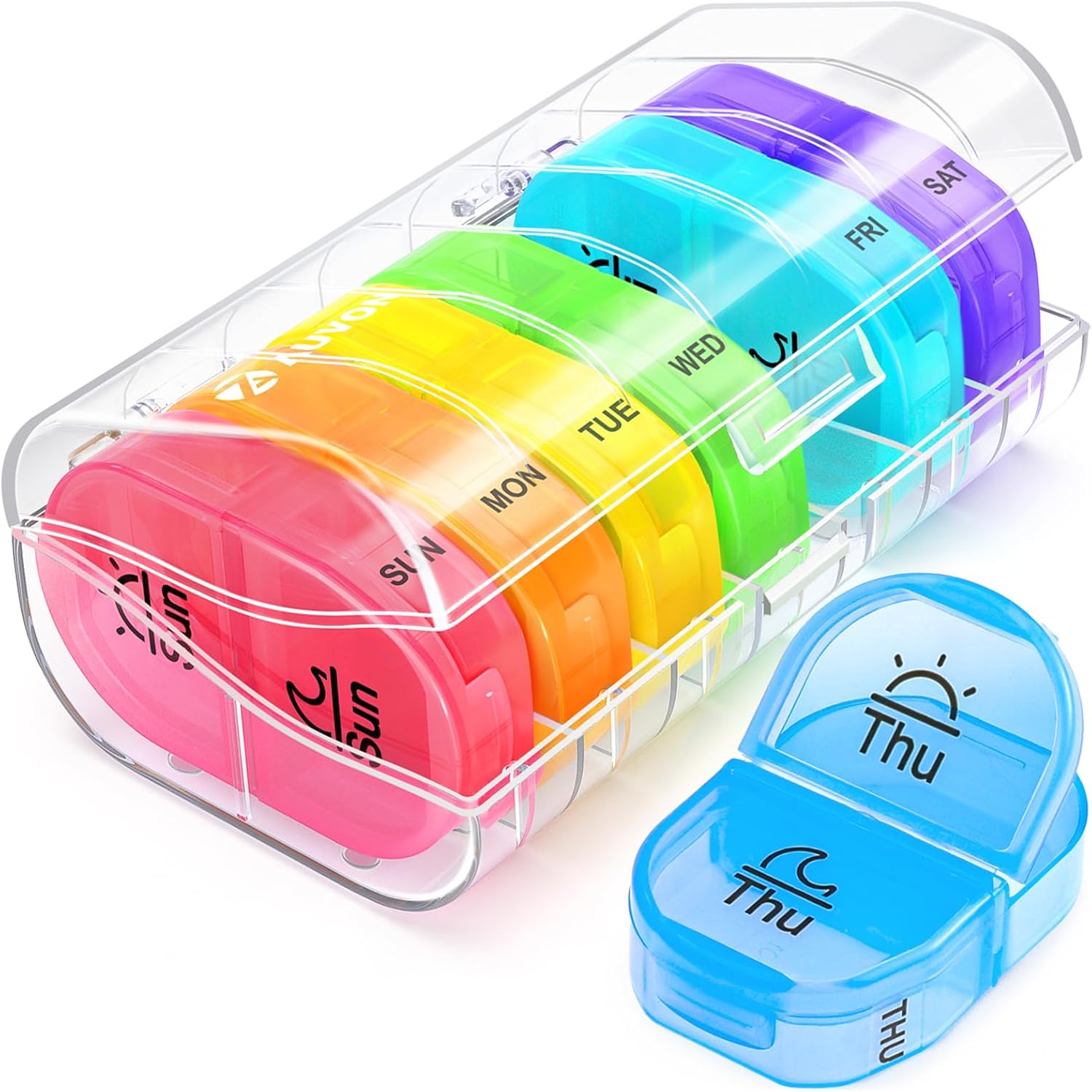 AUVON weekly pill organizer front view showing rainbow colored daily cases.