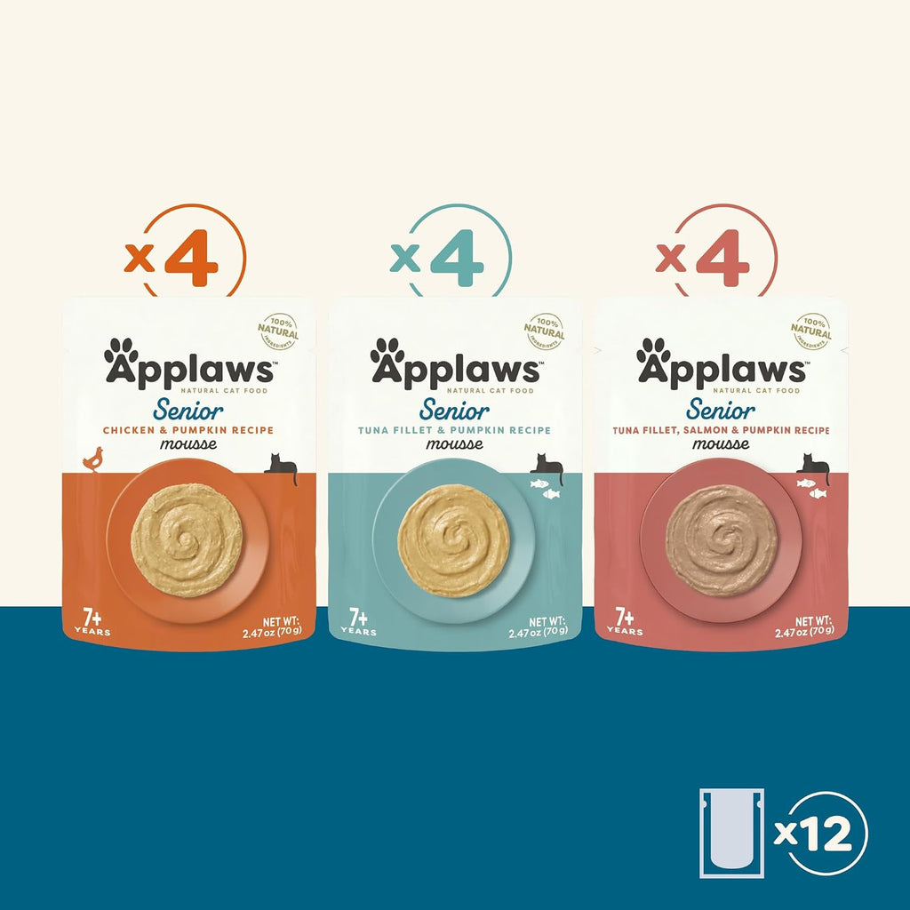 Wholesome fish broth and real chicken breast ingredients highlighted on senior cat wet food pouch.