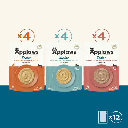 Wholesome fish broth and real chicken breast ingredients highlighted on senior cat wet food pouch.