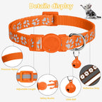 Demonstration of the high visibility reflective paw prints on the Taglory nylon cat collar under low light conditions.