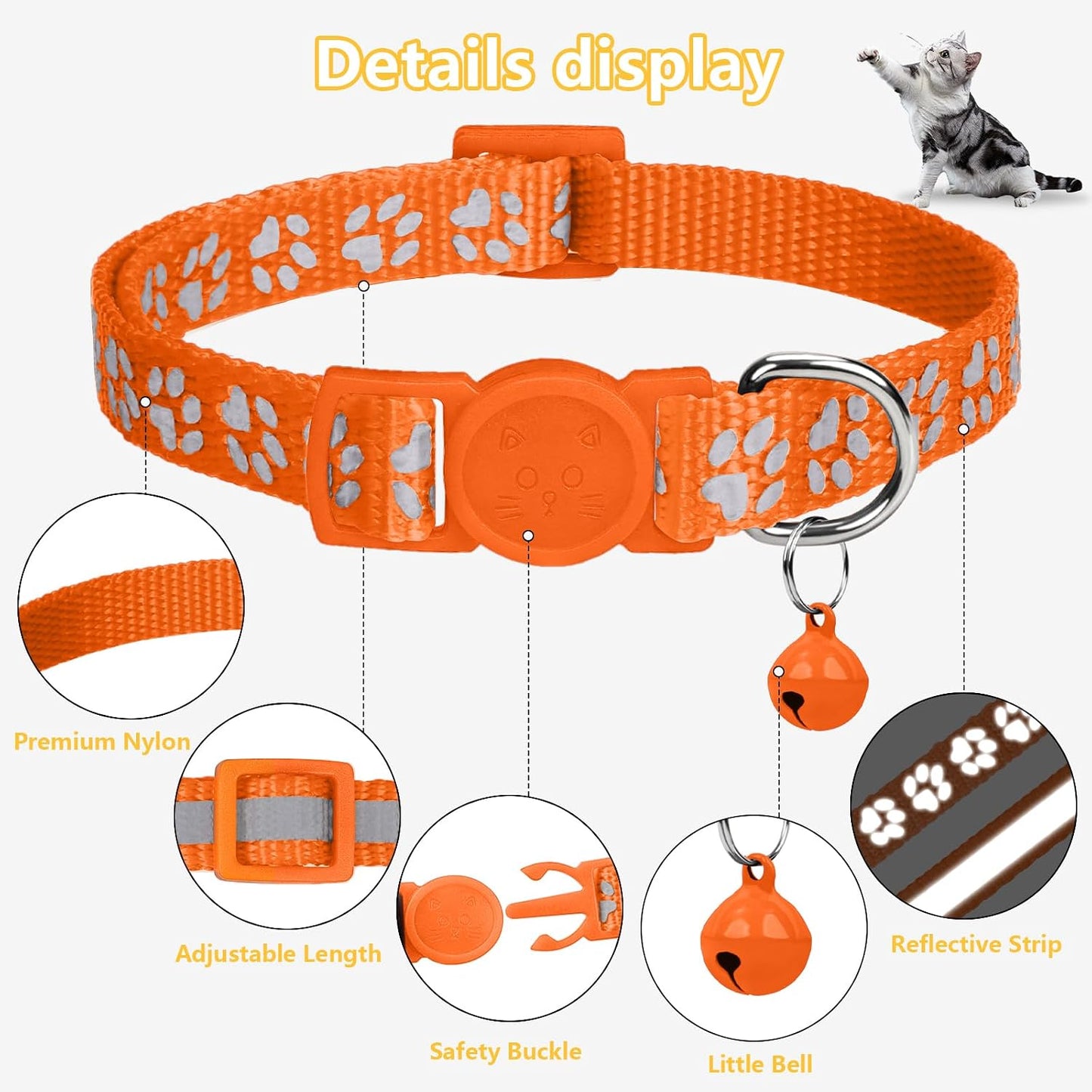 Demonstration of the high visibility reflective paw prints on the Taglory nylon cat collar under low light conditions.
