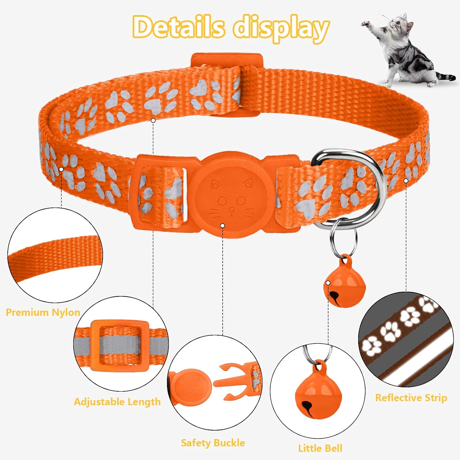 Demonstration of the high visibility reflective paw prints on the Taglory nylon cat collar under low light conditions.
