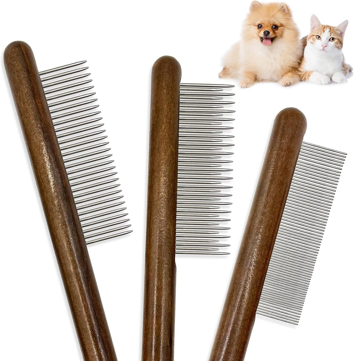 ZKKZOMA solid wood cat combs 3 pack front view showing premium wooden handles.