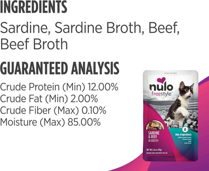 Back preview of Nulo Freestyle wet cat food showing amino acids for heart health callout