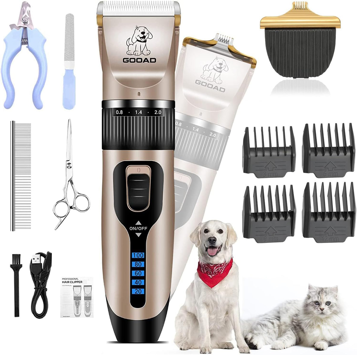 Gooad professional dog clippers front view cordless grooming kit