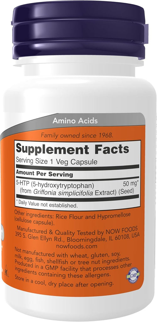 NOW Foods 5-hydroxytryptophan 50 mg bottle showing clean supplement facts and ingredients