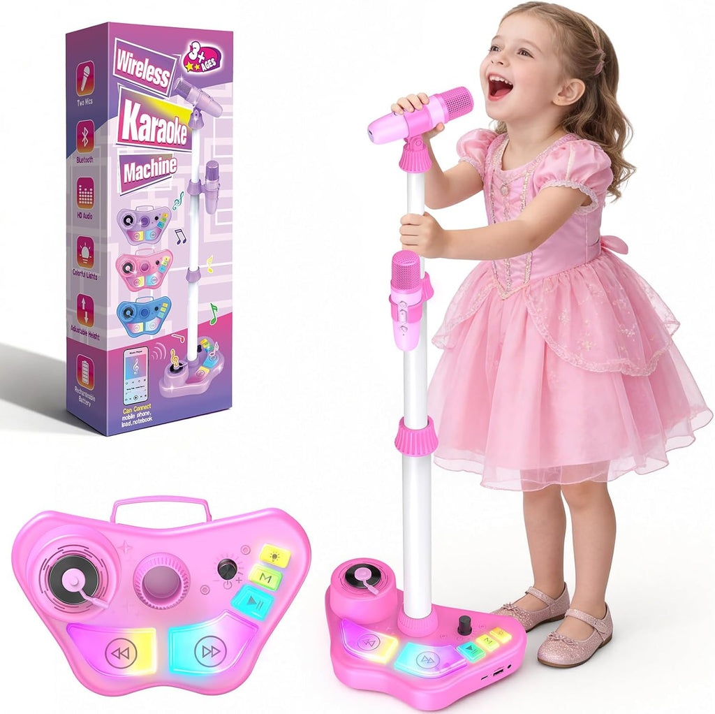 Delighkidz kids adjustable stand karaoke machine front view showing pink speaker base and dual wireless microphones