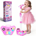 Delighkidz kids adjustable stand karaoke machine front view showing pink speaker base and dual wireless microphones