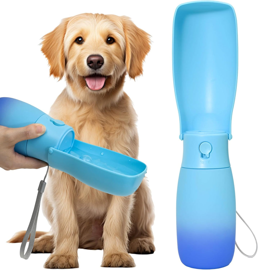 VEPOUYU Foldable Dog Water Bottle front view showing the blue ombre design and extended drinking trough.