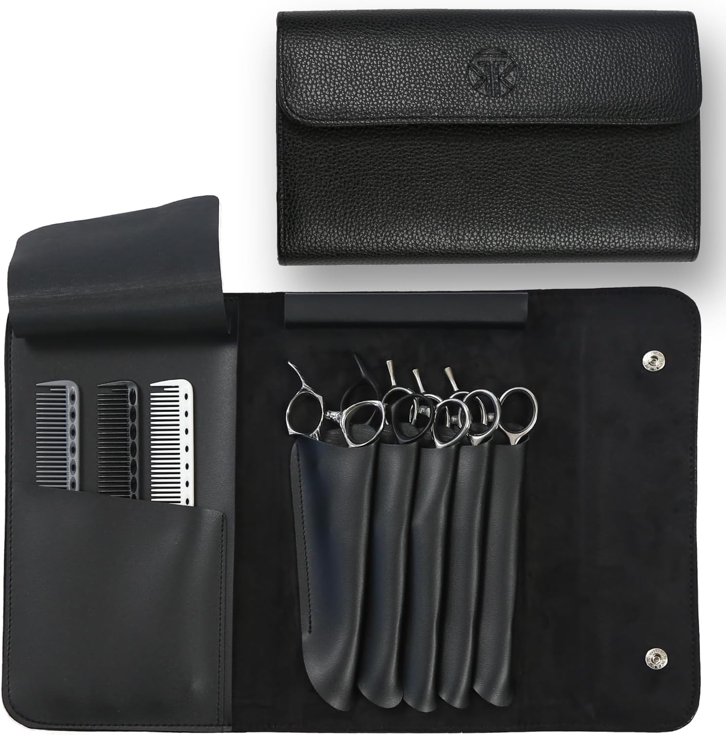 Tokko Katana Professional Shear Case front view displaying the textured black leatherette exterior and secure snap closure buttons.