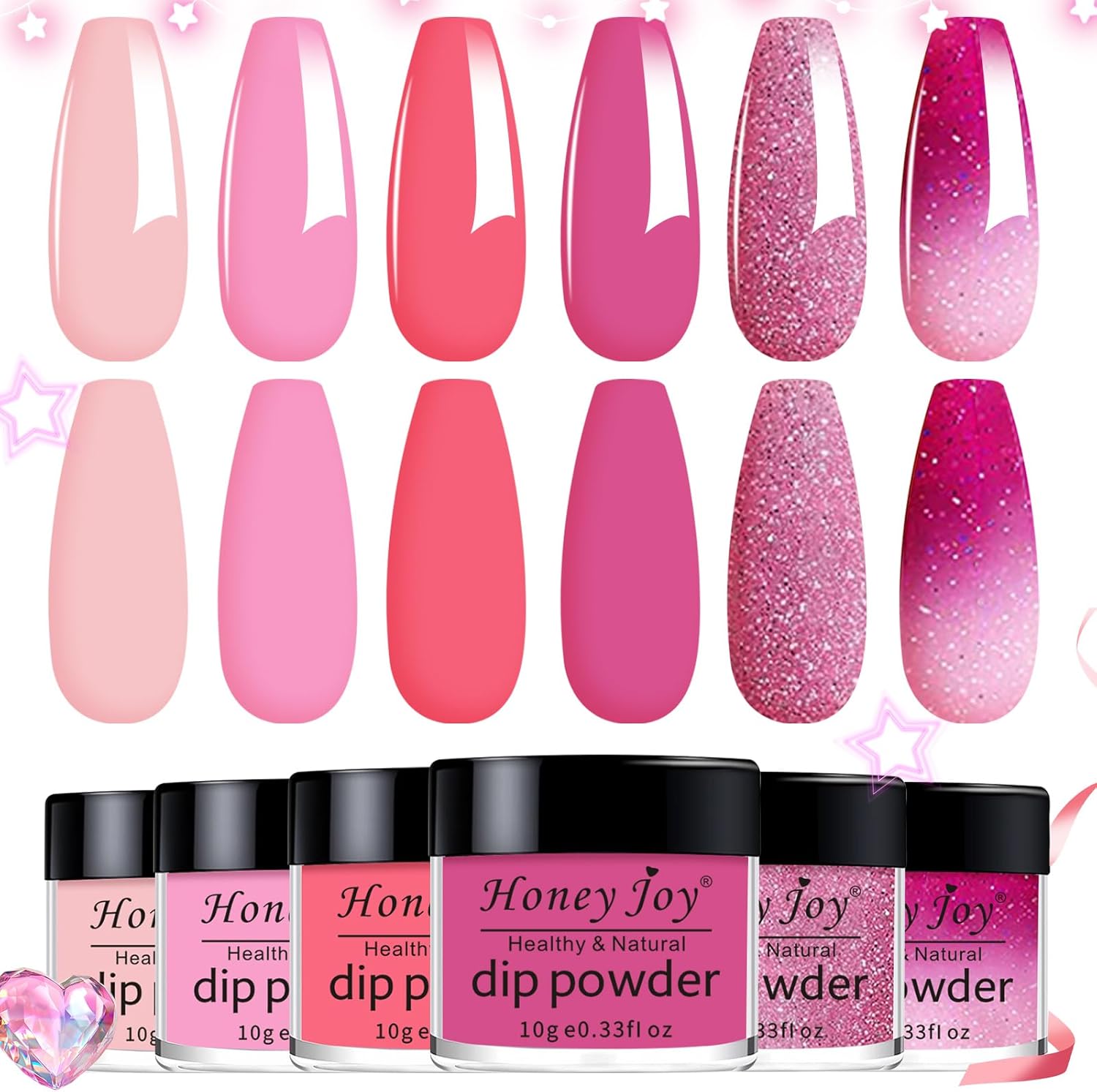 Honey Joy color changing dip powder nail polish set with 6 glitter pink and red thermal shades