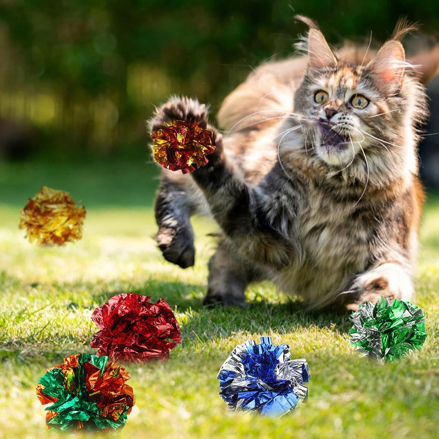 Durable and soft polyester film pet balls designed for swatting and catching.