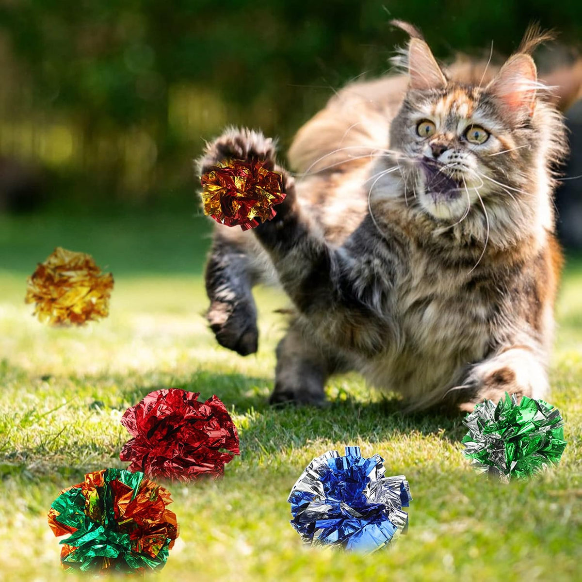 Durable and soft polyester film pet balls designed for swatting and catching.