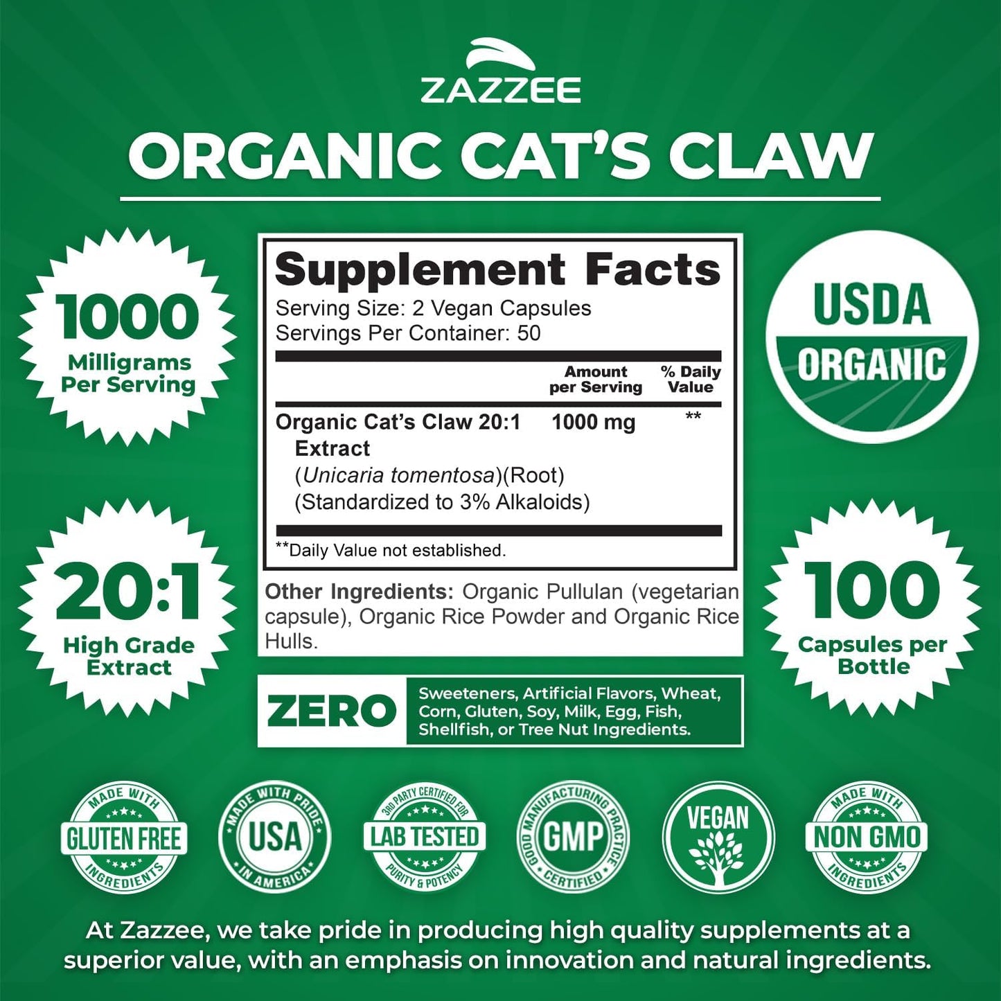 Side profile of Zazzee Organic Cat's Claw supplement highlighting the 3 percent alkaloid content.