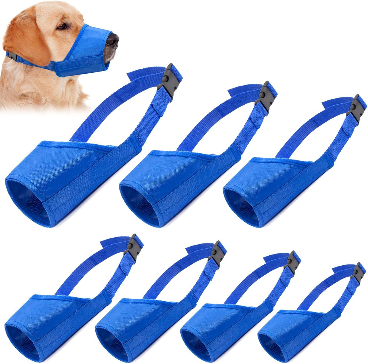 Coppthinktu dog muzzle suit 7-piece set front view in bright blue color.