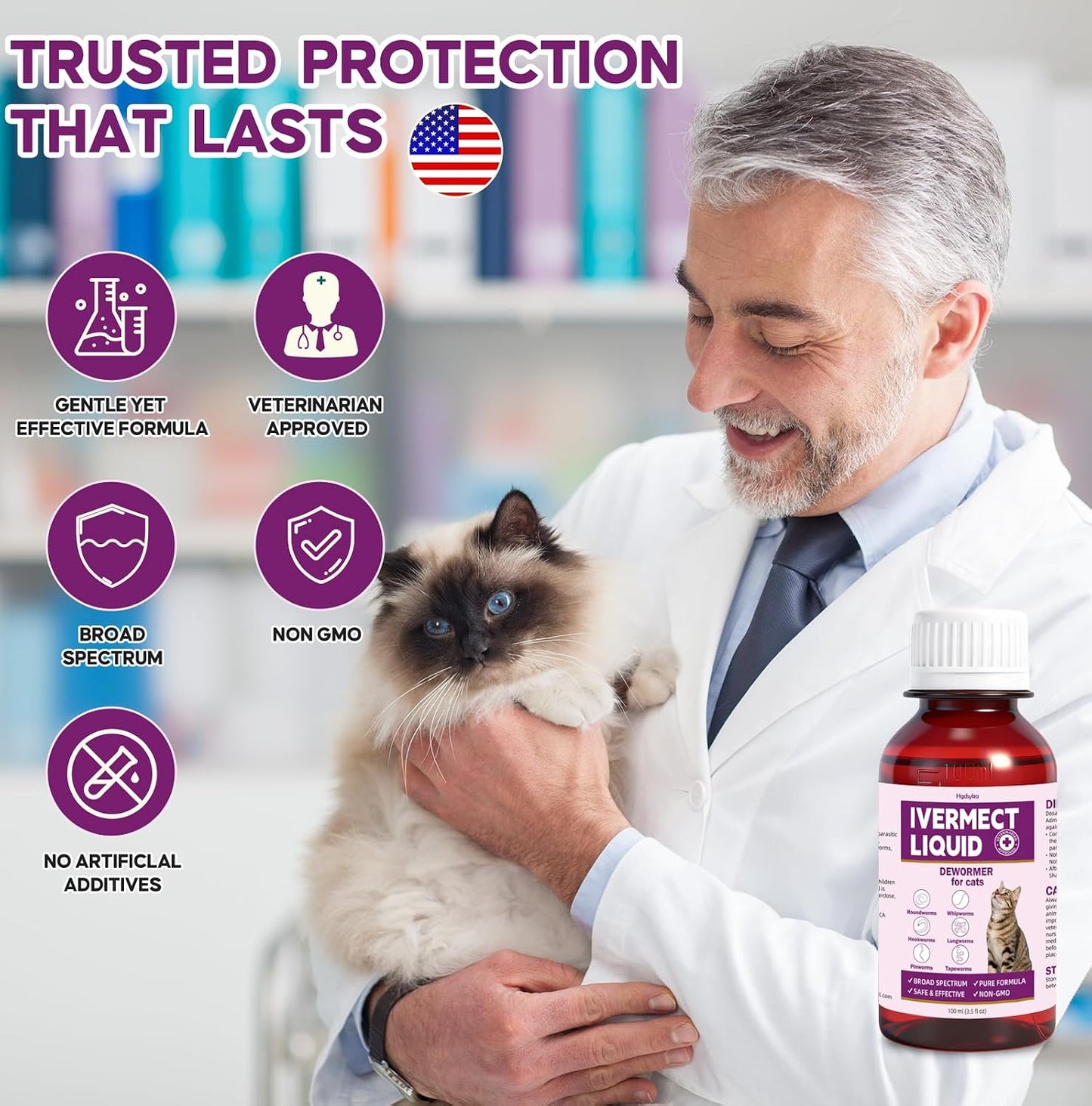Back label of BiKontrun imported cat wormer liquid with instructions
