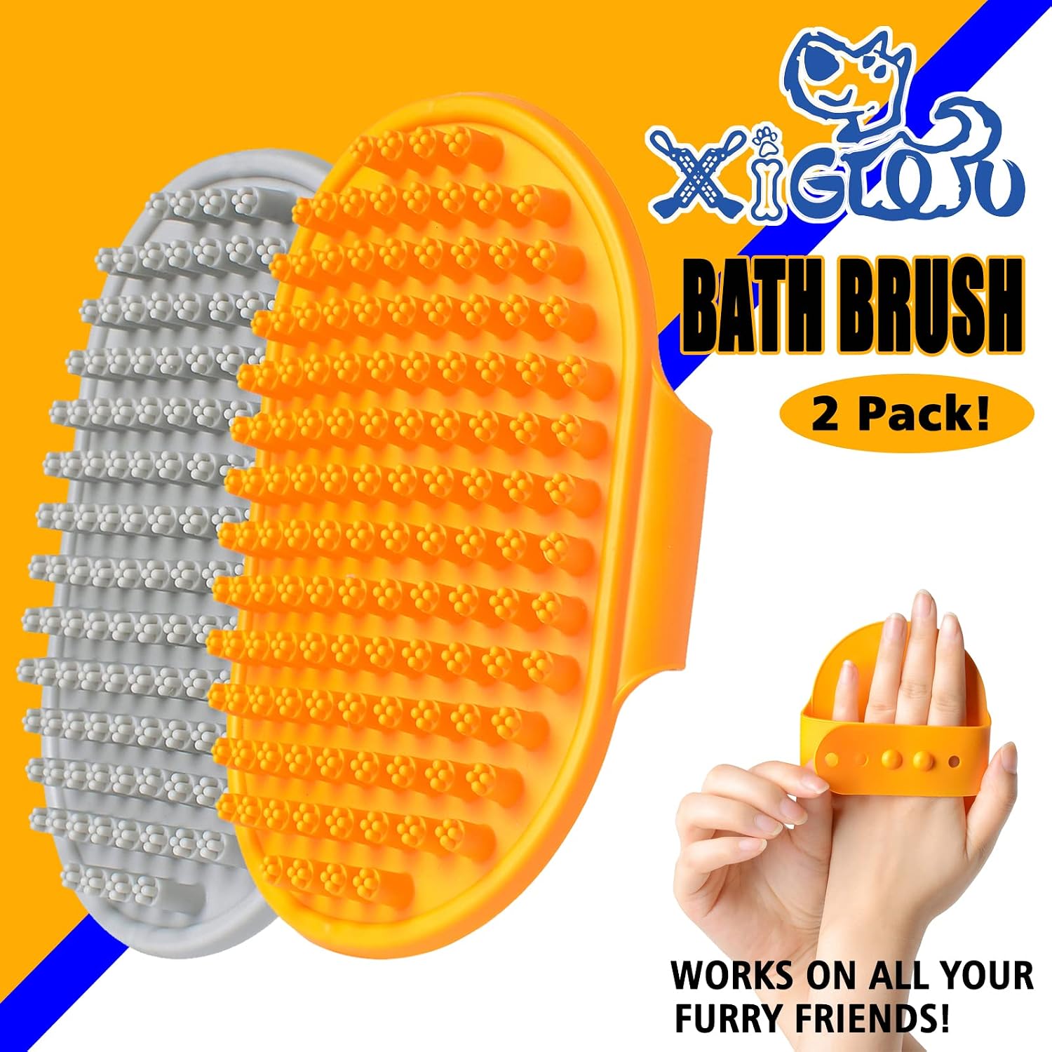 XIGOU pet shampoo brush with adjustable ring handle for secure hand grip