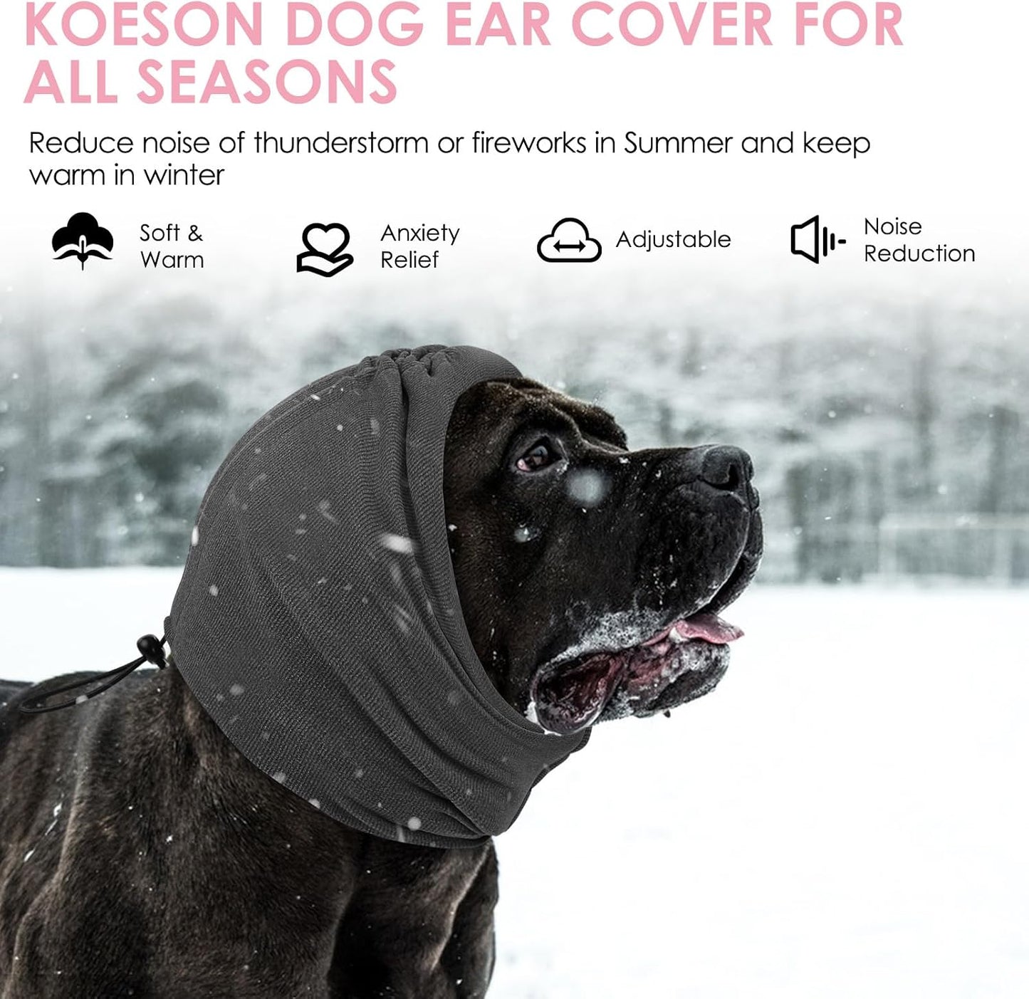 Grey dog wearing the KOESON anxiety relief head muffs during a loud thunderstorm.