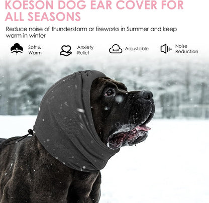 Grey dog wearing the KOESON anxiety relief head muffs during a loud thunderstorm.