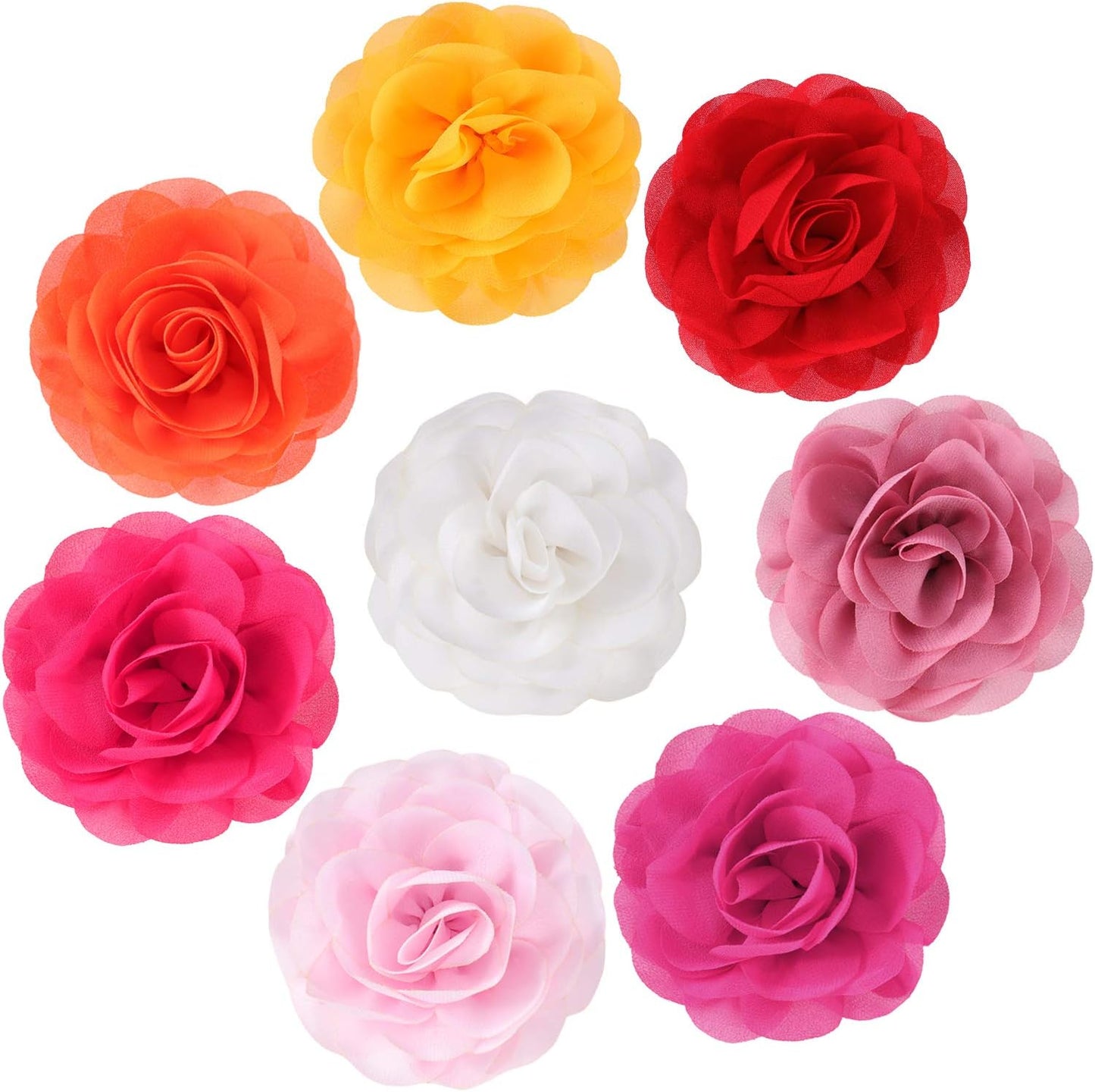 Collection of eight colorful Willbond pet collar flower charms for dogs and cats.