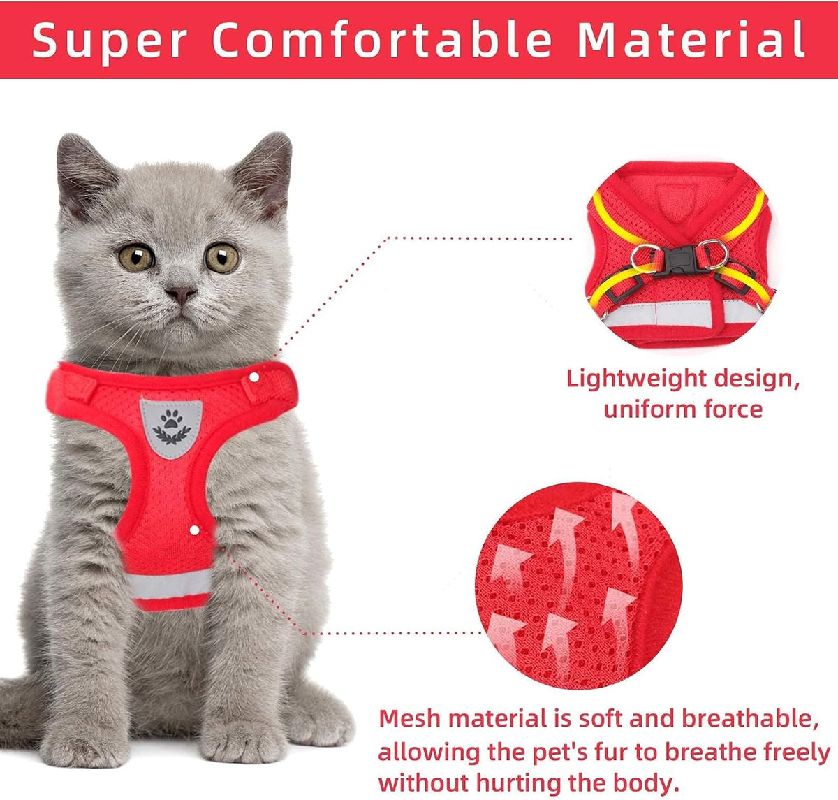 Red step-in pet vest harness showing adjustable side buckles.