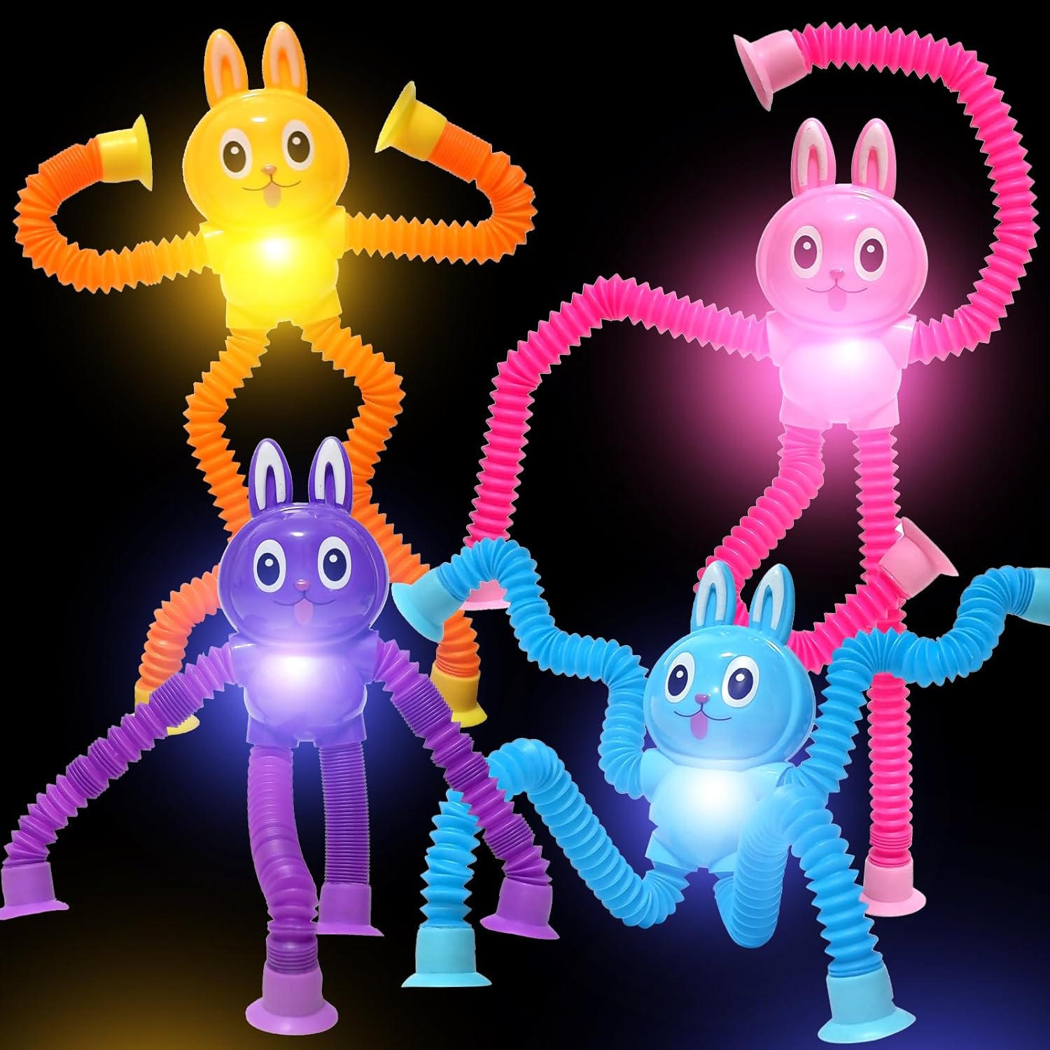 Agrasiv Easter Bunny LED Pop Tubes front view showing four colorful light up sensory toys