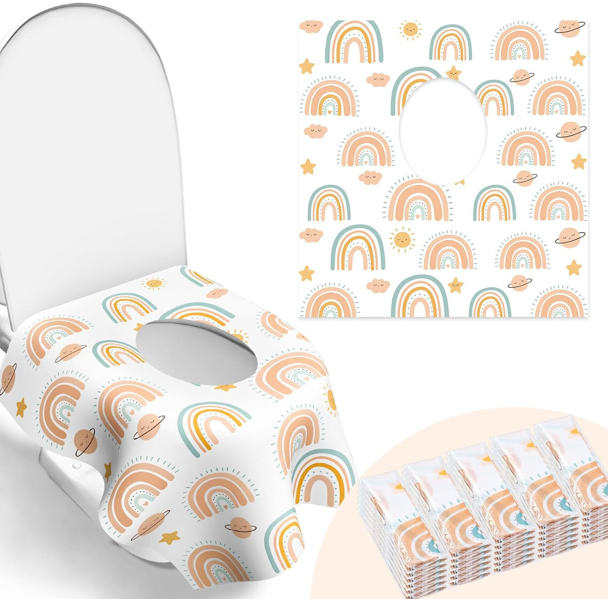 Poikshark disposable toilet seat covers pack front view showcasing colorful rainbow pattern packaging