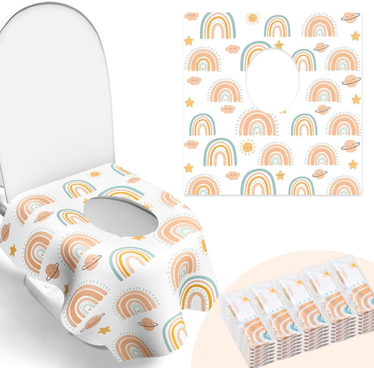 Poikshark disposable toilet seat covers pack front view showcasing colorful rainbow pattern packaging