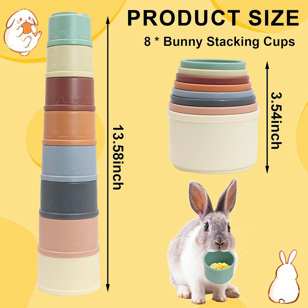 Eight pieces of colorful small animal nesting cups stacked into a tower for rabbit play
