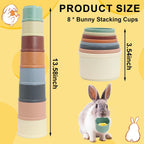 Eight pieces of colorful small animal nesting cups stacked into a tower for rabbit play