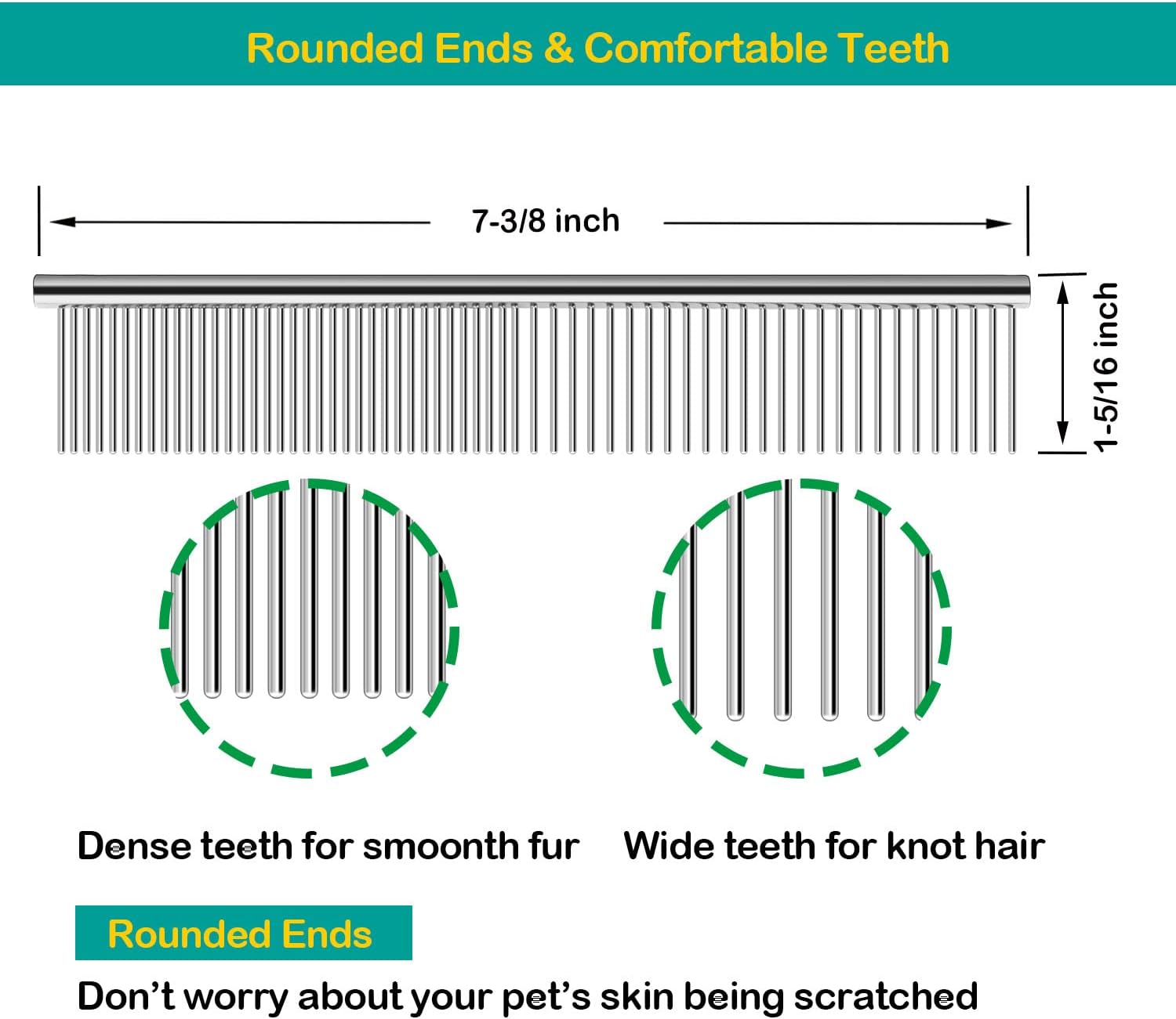 Close up view of the dual dense and sparse metal teeth on the Elfirly pet comb
