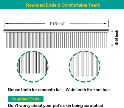 Close up view of the dual dense and sparse metal teeth on the Elfirly pet comb