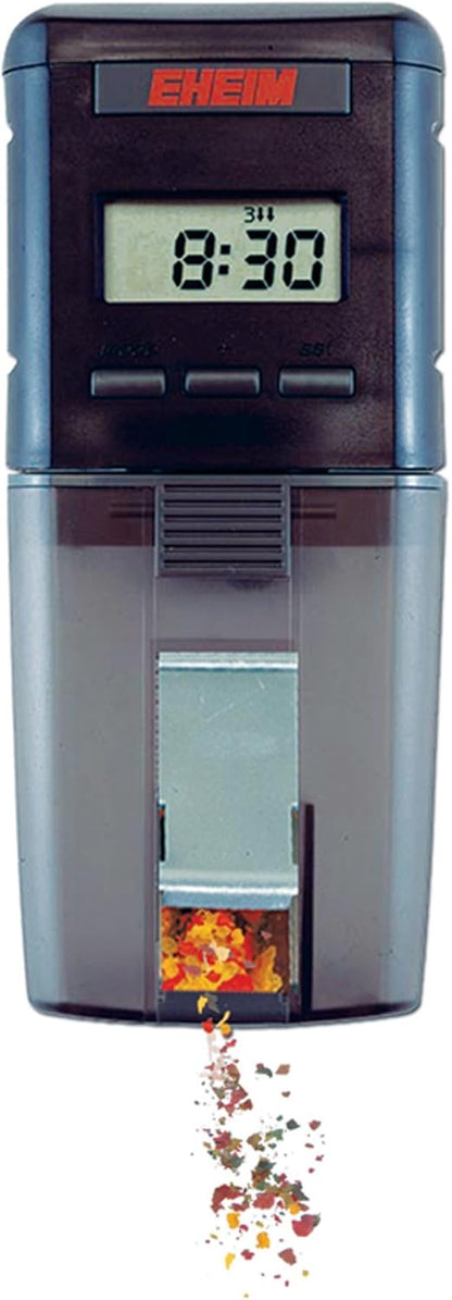 Eheim automatic aquarium feeder showcasing the actively ventilated food drum and mounting bracket.