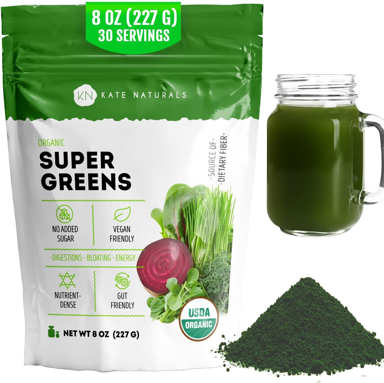 Kate Naturals Organic Super Greens Powder front packaging view showcasing authentic USA imported superfood blend