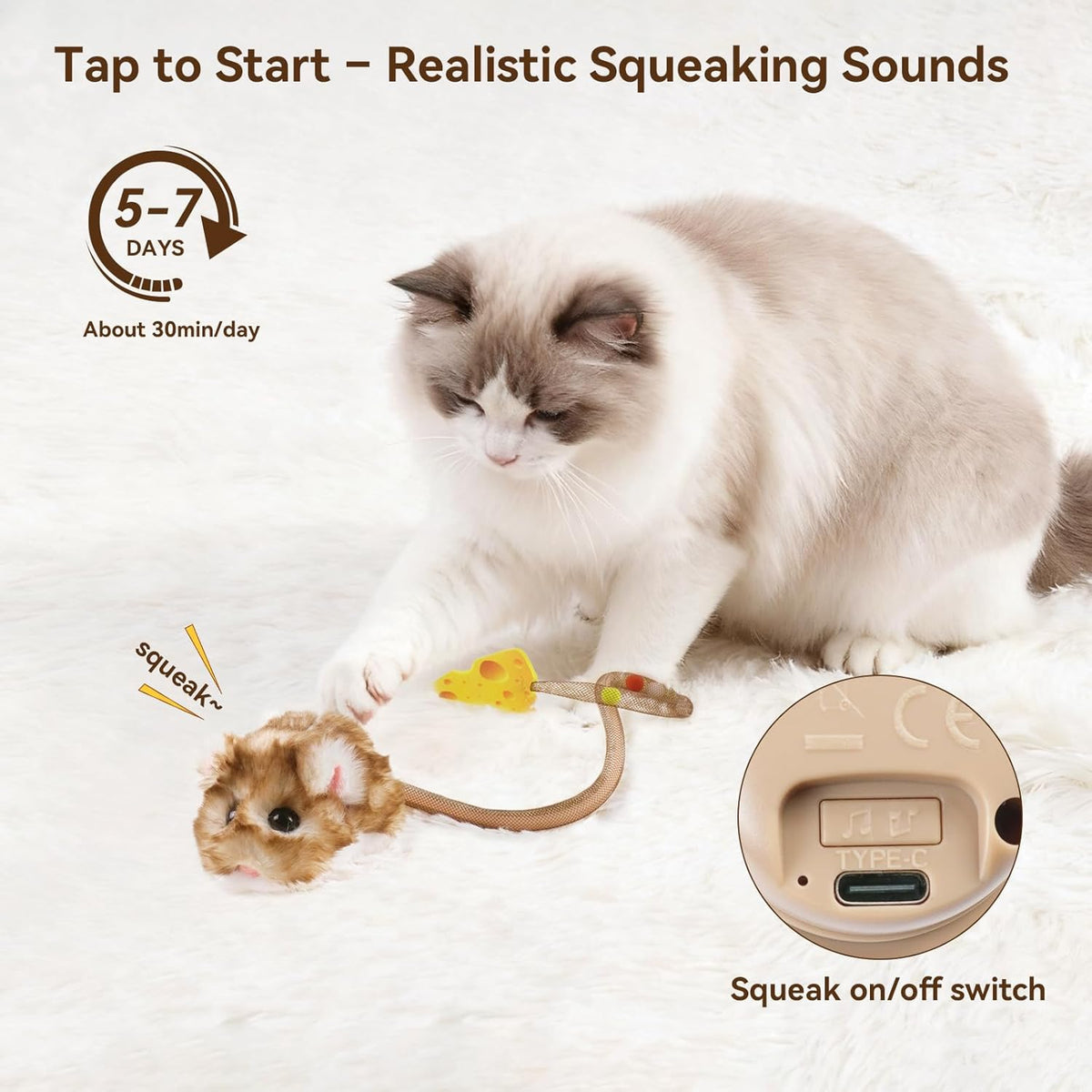 Interactive pet toy showcasing the chew resistant mesh plastic tail and realistic mouse shape.