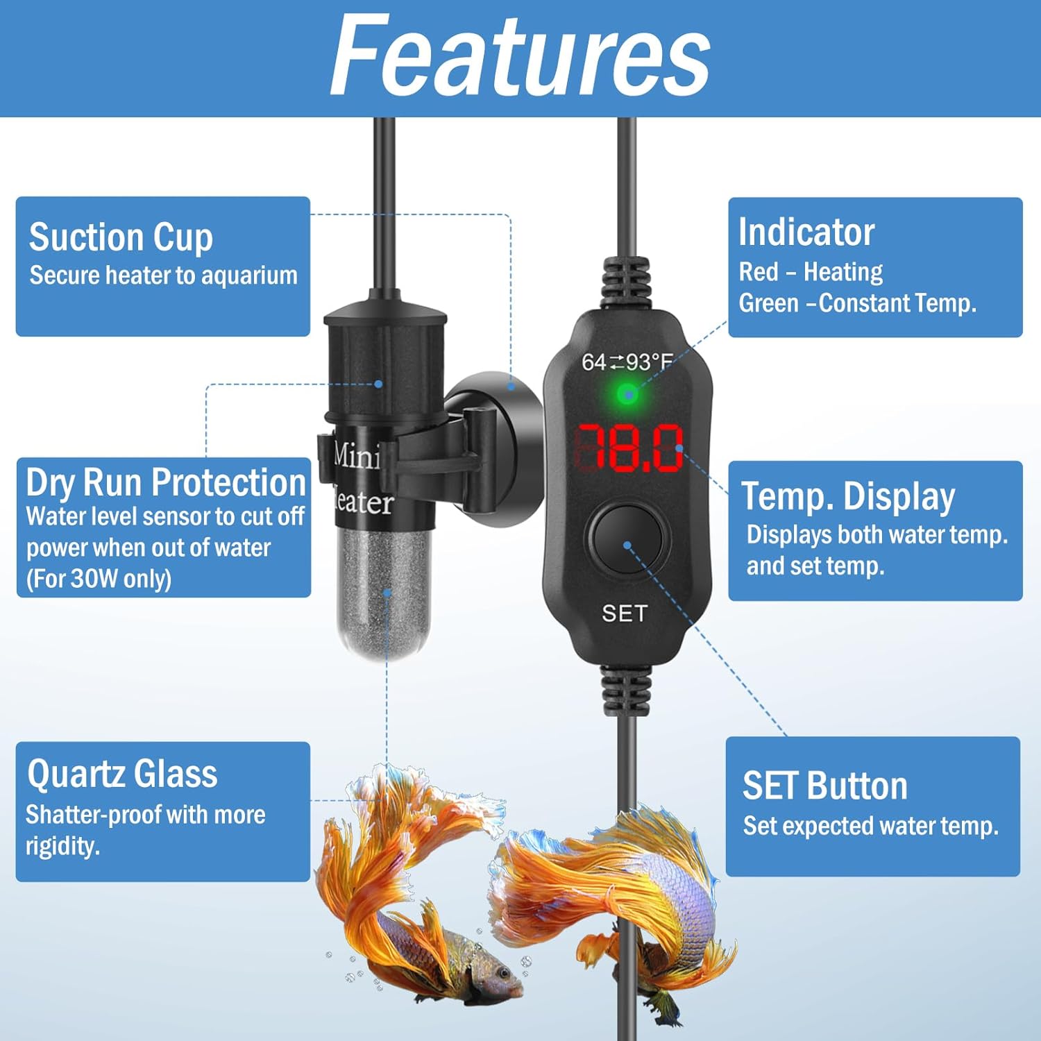 Fumak mini heater installed in a small betta tank