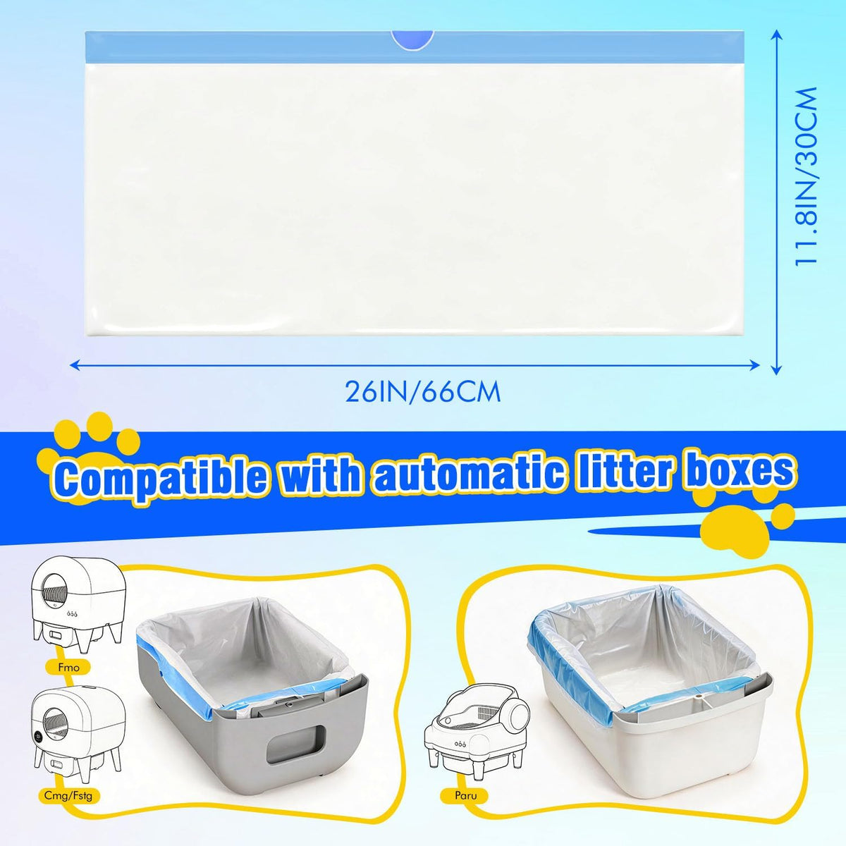 Decalare automatic litter box liners demonstrating the strong blue drawstring pull.