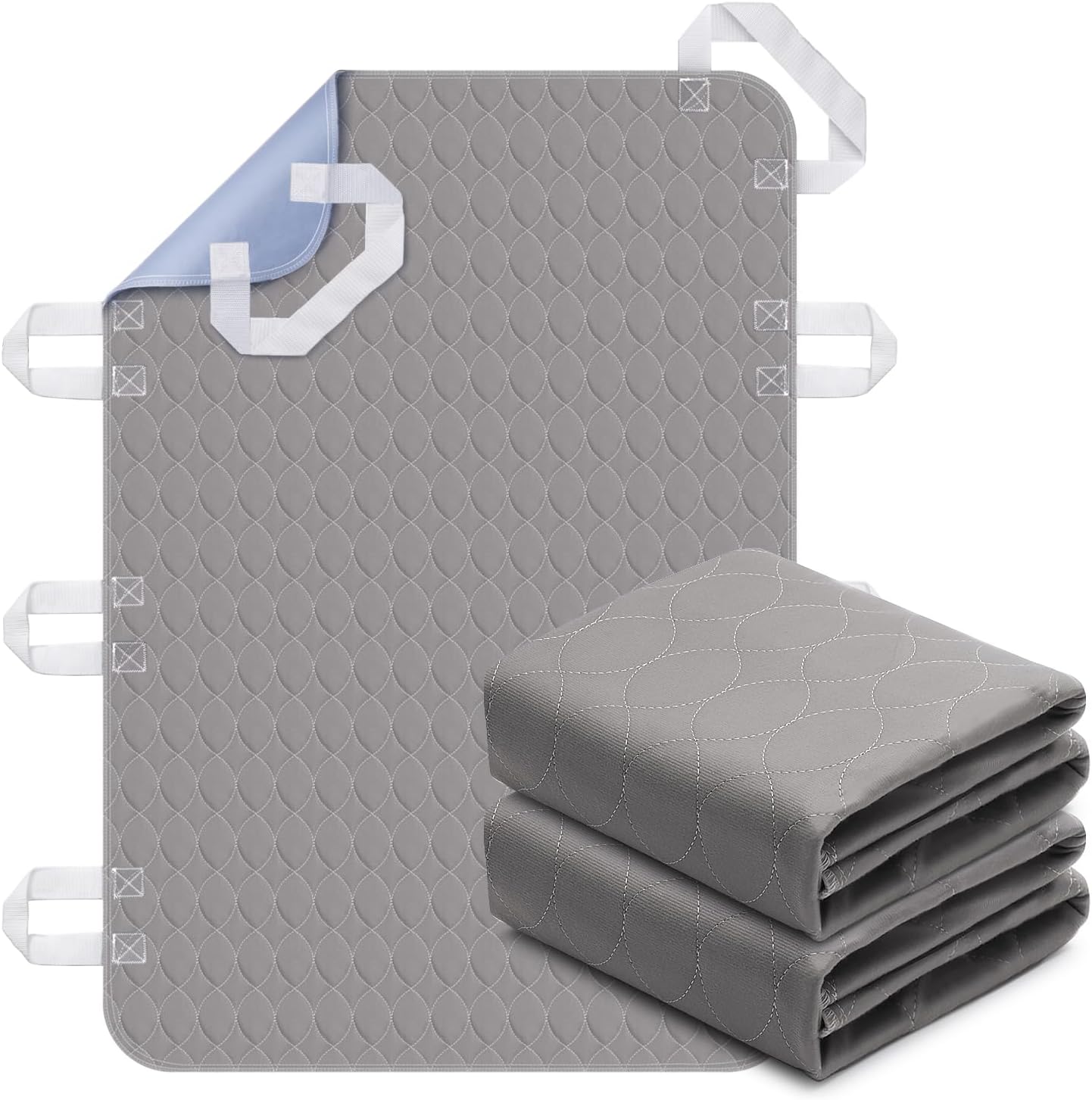2 Pack Positioning Bed Pad with Handles, 8 Sturdy Handle Washable Bed Pads for Incontinence, Waterproof, Reusable Underpads for Elderly Hospital Home Care, Grey, 36â€Ã—52â€ - Image 1