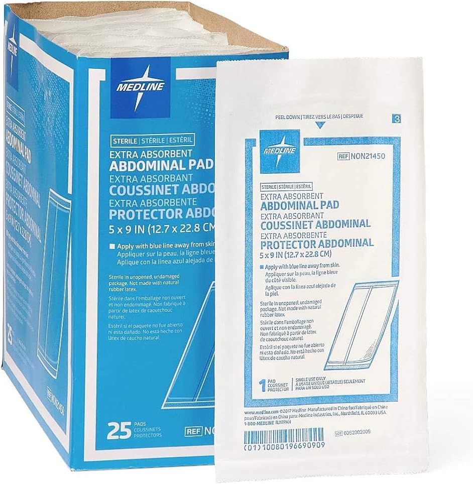 Medline sterile abdominal pads box front view showcasing packaging details
