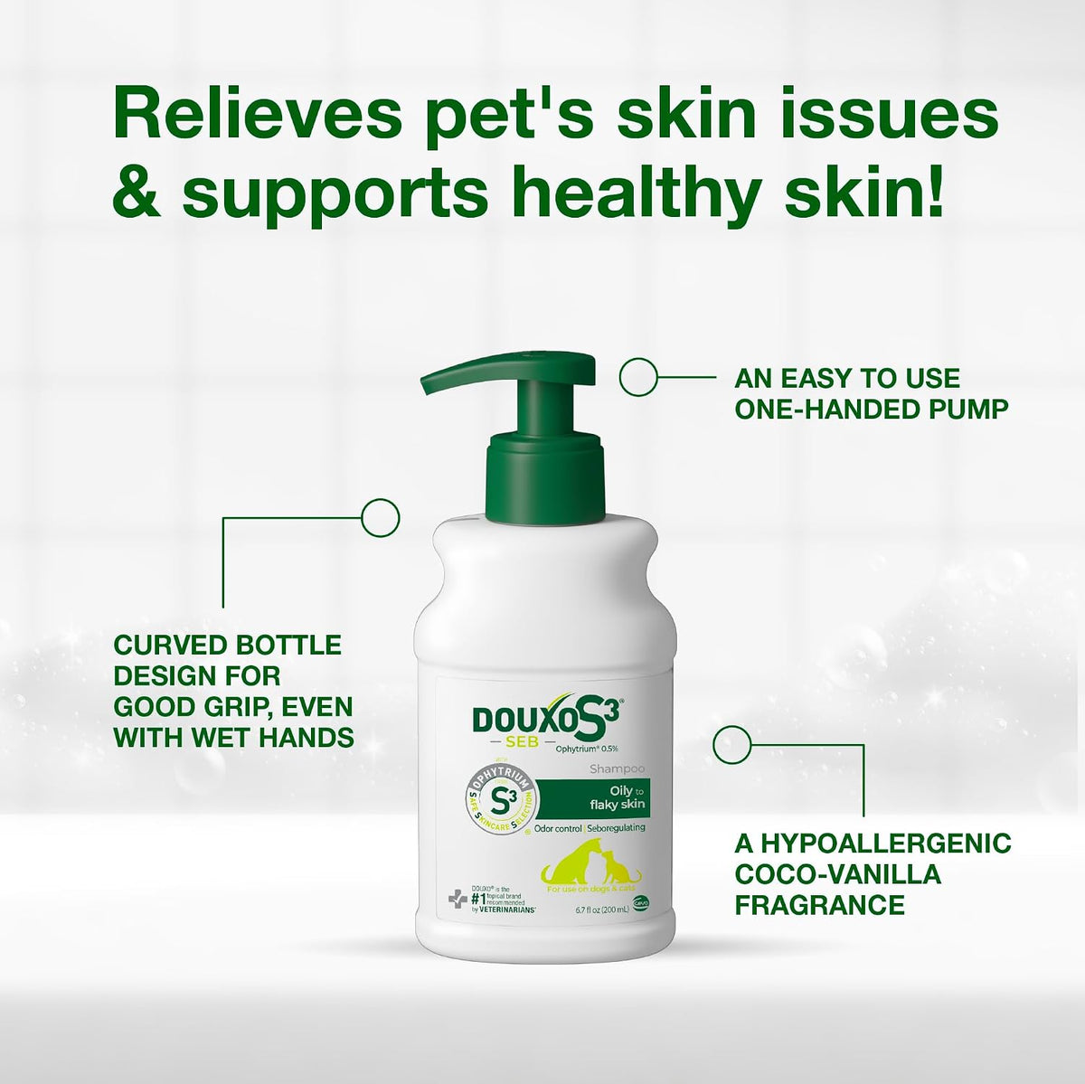 Douxo S3 Seb shampoo bottle with pet grooming accessories