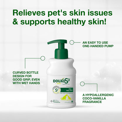 Douxo S3 Seb shampoo bottle with pet grooming accessories