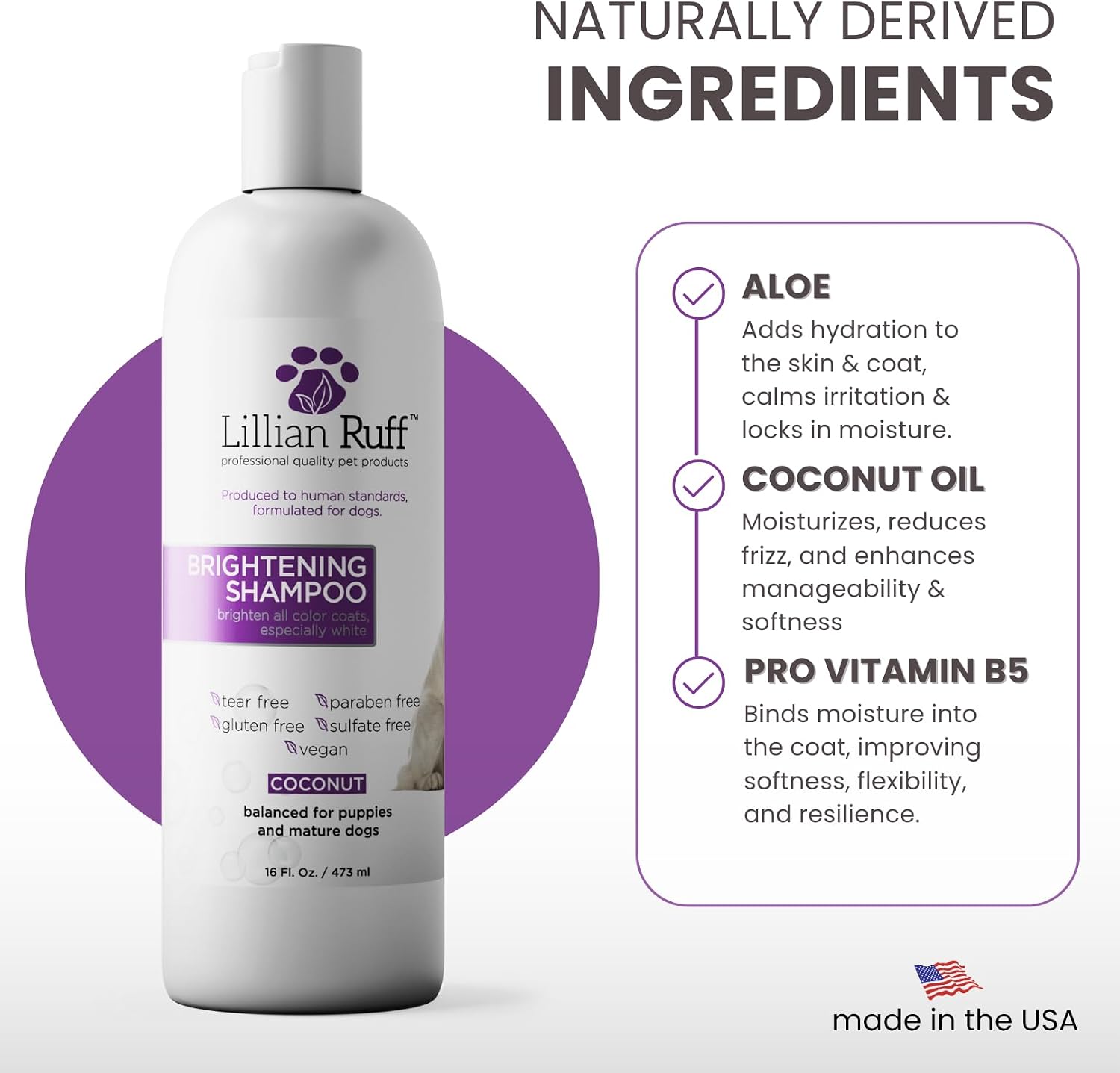 Close up of Lillian Ruff brightening shampoo ingredients and benefits