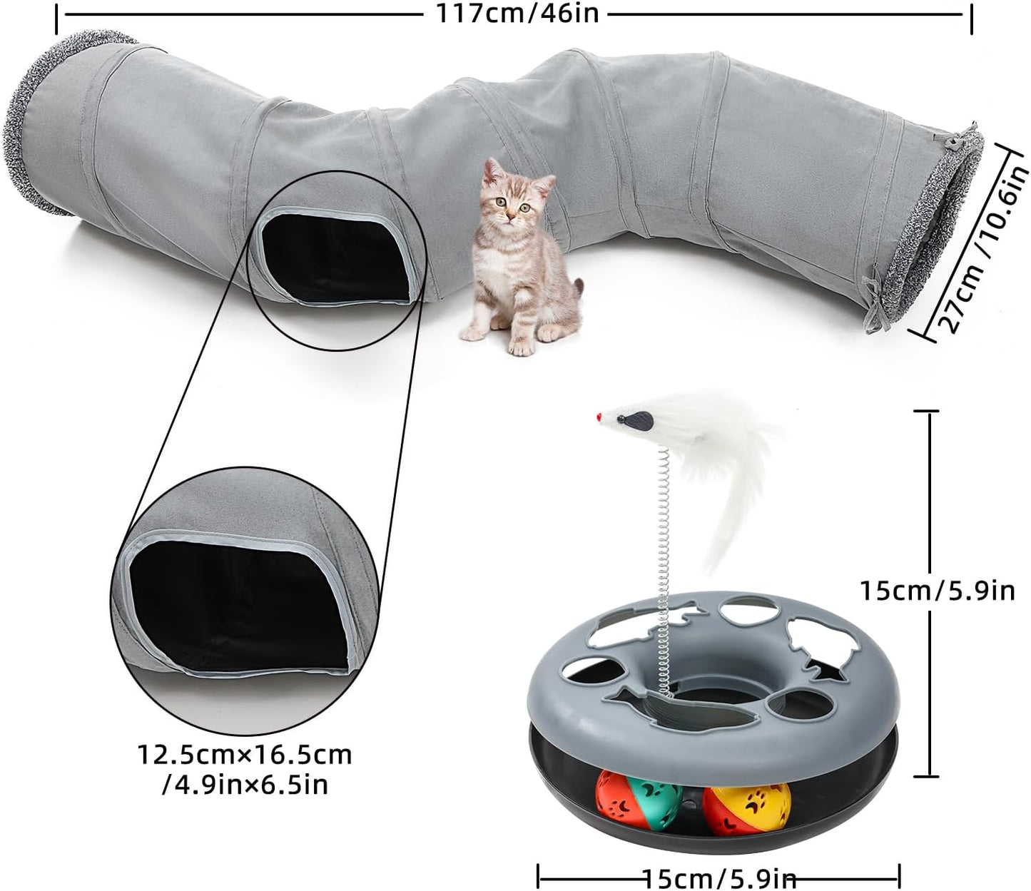 Two way interactive cat play tube with a kitten peeking out of the integrated central peephole.