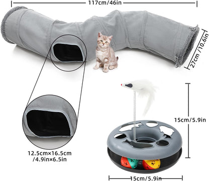 Two way interactive cat play tube with a kitten peeking out of the integrated central peephole.