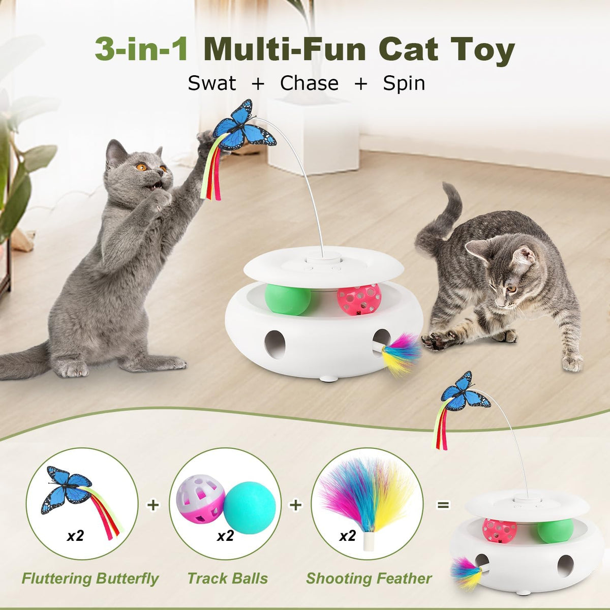 Quiet electronic cat toy highlighting the sleek modern design suitable for living room spaces.
